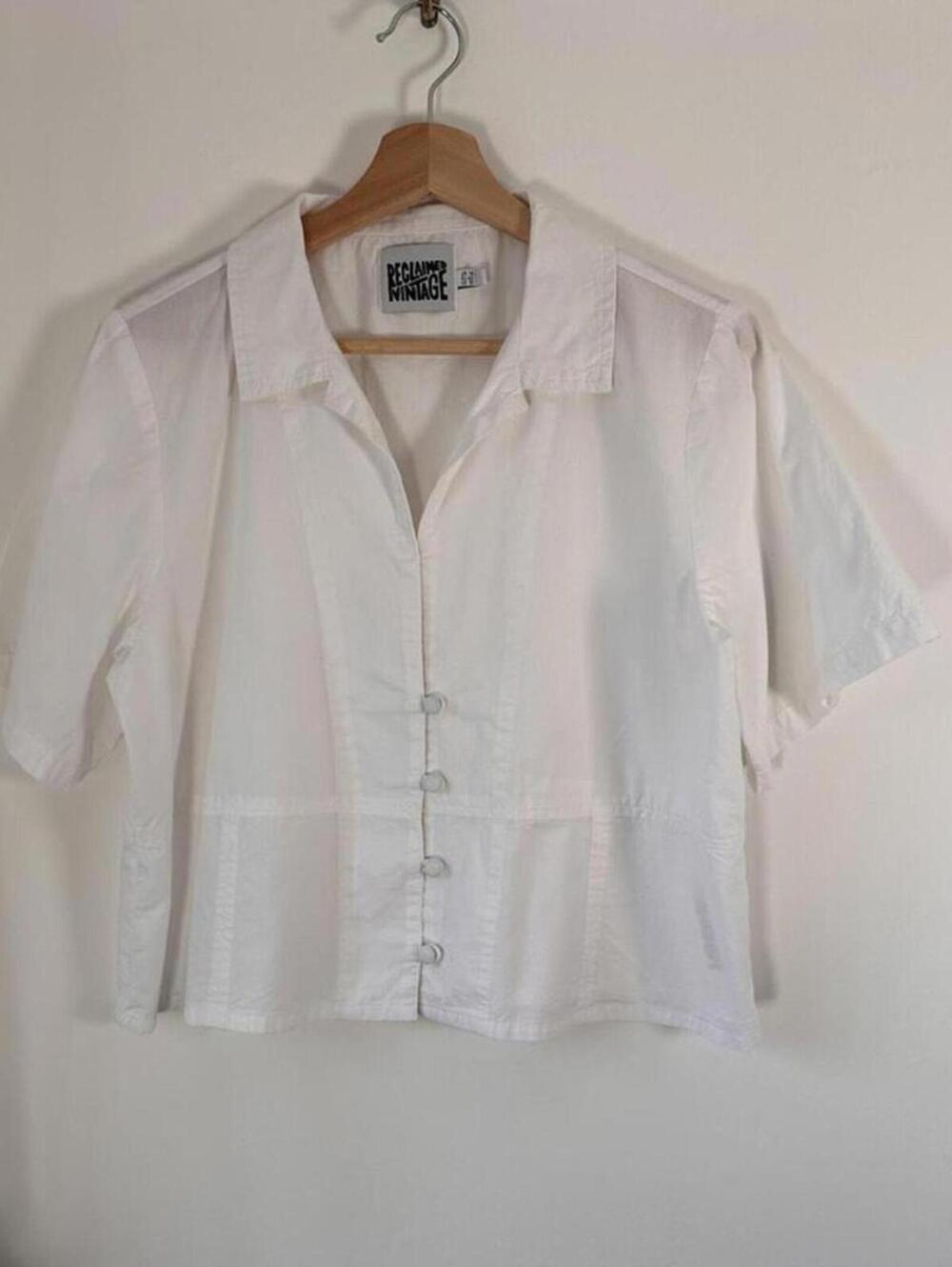 Reclaimed Vintage White Short Sleeve Button Up Top US 10 Cropped Cotton 90s